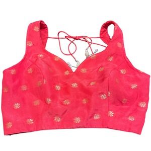 Indian Beaded Tassel Tie Back Red Gold V-Neck Cropped Festive Sari Choli Blouse